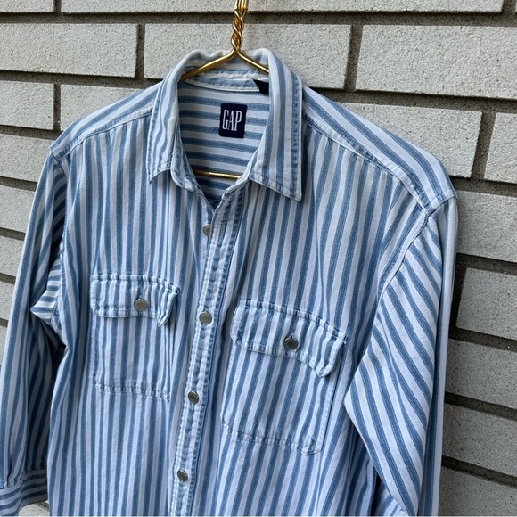 Vintage GAP Blue White Stripe Cotton Button Down Shirt Point Collar 90s XXL - Picture 2 of 8